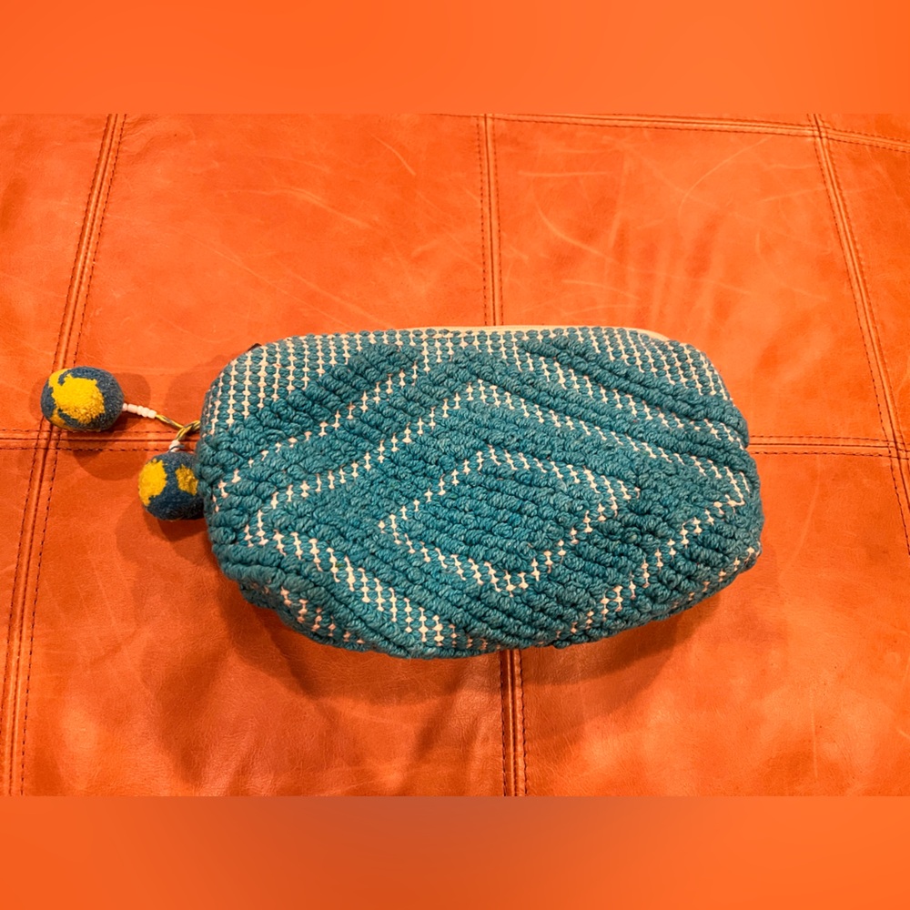 Lovestitch Boho Clutch Makeup Bag Pouch Purse Cream and Blue EUC